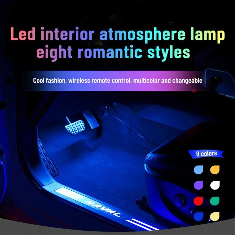 8 Lamps 1 Controller Wireless Adhesive LED Car Interior Ambient Light  Remote Control Decoration Auto Roof Foot Atmosphere Lamp With Button  Battery Colorful