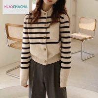 HUACHACHA Vintage Stripe Knitted Sweater Cardigans O Neck Button Autumn Short Casual Long Sleeve Jacket