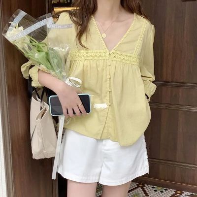 Fashion Women 2021 Korean Style Simple Sweet Blouse V-neck Small Shirt Fairy Lady Hollow Embroidered Shirt