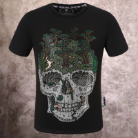 PHILIPP PLEIN เสื้อยืดแขนแขนสั้นคอกลมพิมพ์ลายกะโหลกคุณภาพสูง2023พลอยเทียมขนาดใหญ่พิเศษ