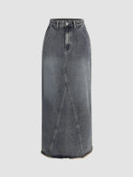 Cider K-POP Denim Raw Hem Stitch Split Maxi Skirtกระโปรงยีนส์ผู้หญิง กระโปรงแฟชั่นผู้หญิง ลุคสตรีท