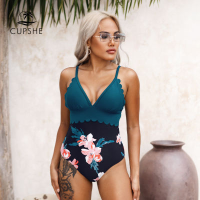 CUPSHE V-neck Scalloped Swimsuit For Women y Cutout Floral Monokini Swimwear  Bathing Swimming Suits Beachwear