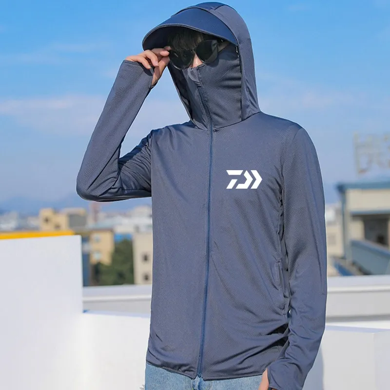 Men Summer Fishing Clothing Hooded Sunscreen Ice Silk Thin Casual
