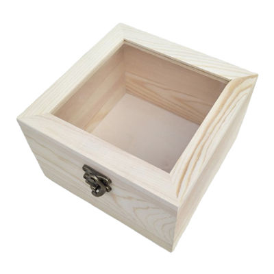 Perfk Natural Plain Wooden Box Unpainted Wood Storage Case Glass Lid