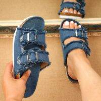 【CW】 2022 New Beach Slippers Buckle Non-slip Clogs Slides on Flip Flop Shoe Denim Female