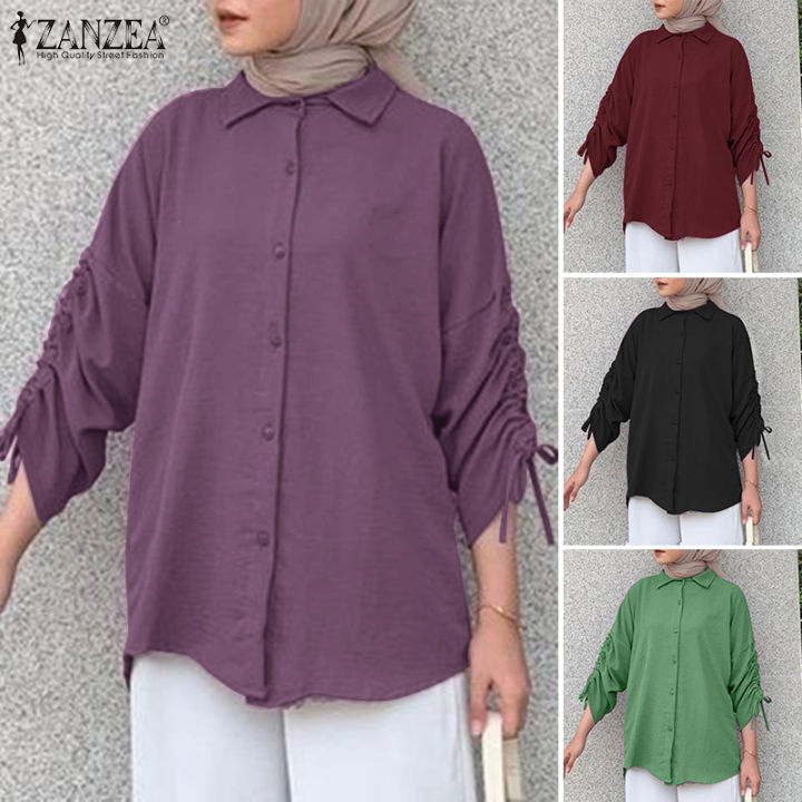 สินค้ามาใหม่-จัดส่งฟรี-fancystyle-zanzea-เสื้อผู้หญิงมุสลิม-เสื้อมีเชือกผูกเสื้อสตรีคอปกแขนยาวลำลองทรงหลวมติดกระดุม