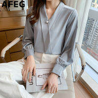 AFEG S New Korean Version Of The V-Neck Fashion Slim And Versatile Temperament Chiffon Long-Sleeved Women S Top For Women