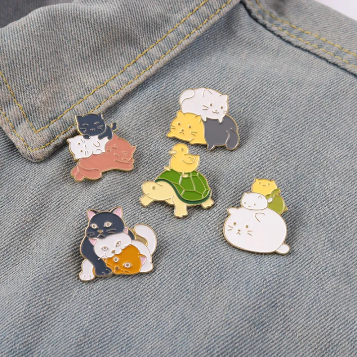 Kitten Stack Enamel Pins Kawaii Tortoise Kittens Playing Stack Metal