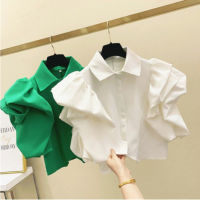 Green Blouse Women Fashion Puff Sleeve Shirt Korean Style Summer Simple Office Tops New