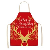 Christmas Deer Red Printed Cleaning Aprons Cooking Kitchen Apron Cooking Linen Bibs Waist Baking Barista 68*55cm Cleaning Tools