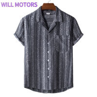 Will Motors เสื้อมีปกพิมพ์ลายฮาวายสุดอินเทรนด์เสื้อเชิ้ตชายหาดกระดุมกางเกงขาสั้นผู้ชายเสื้อไหมพรมเข้ารูป