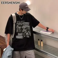 EERSHENSHI อเมริกาแบบย้อนยุคเสื้อแขนสั้นผู้ชาย,เสื้อยืดการ์ตูนแขนสั้นหลวมอินเทรนด์แขนสั้นเด็กชายถนนขนาดใหญ่