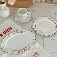 Ladycc Red Line Flat Plate แผ่นเซรามิคสำหรับจานอาหารค่ำ Retro Fish Plate จานรูปไข่อาหารเช้าถ้วยกาแฟ Cup