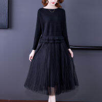 COIGARSAM Autumn Dress Women Spring New French Style Knitting Patchwork Mesh High Waist Black Light Coffee Color Dresses