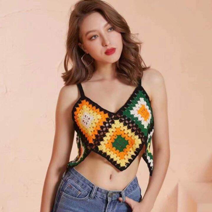 ผู้หญิง-boho-โครเชต์ถักแขนกุด-camisole-multicolor-rhombus-ลายสก๊อตเซ็กซี่-v-คอ-crop-top-ไม่สม่ำเสมอ-hem-slim-beach-vest