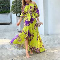 ✁♙ Women 39;s Dresses 2022 Autumn Casual Fashion Slanted Shoulder Long Sleeve Printed Lace Up Dress