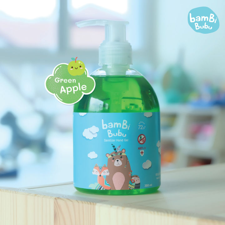 bambi-bubu-แบบขวดปั๊ม-เจลล้างมือแอลกอฮอล์สำหรับเด็ก-กลิ่น-green-apple-ขนาด-300ml