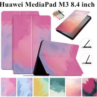 เคสลายสีน้ำสดขาตั้งพับได้สำหรับ Huawei MediaPad M3 Lite 8.4 "8.0" 10.1 "M5 Lite 8.0" 8.4 "10.8" 10.1 "T5 10.1" M6 8.4 "10.8" หนัง PU กล่องกันกระแทกปกหนังสือแบบบาง