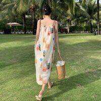 กระโปรงชายหาดสำหรับสุภาพสตรี Hainan Sanya Travel Photo Clothes Seaside Holiday Print Dress Summer Suspenders Loose Beach Skirt Super Fairy