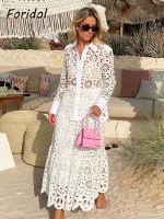 Spring Women Summer White Lace Dress Set Hollow Out Embrodery Shirt Skirt 2 Pcs Robe Outfits Single Button Cotton Maxi Dress