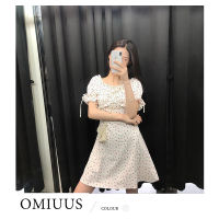 [OMIUUS] ชุดเดรสลายดอกไม้,ใหม่2023ชุดเดรสแขนพองคอสี่เหลี่ยมสีฟ้าฝรั่งเศสใหม่สำหรับฤดูใบไม้ผลิ/ฤดูร้อนกระโปรงเข้ารูป