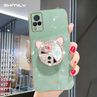 เคสโทรศัพท์ซิลิโคน V21สำหรับ VIVO เคสนิ่มเคลือบอิเล็คโทรเพลท4G V21 5G V21E 4G V23 5G V23 Pro V27 V27 Pro V27E แต่งหน้าเพชรเทียมรูปแมวน่ารักยอดนิยมเคสโทรศัพท์กระจกหรูหราและทันสมัย