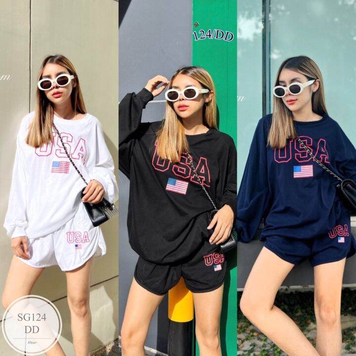 ml124-usa-sweater-short-set-เซทเสื้อสเวตเตอร์-ใส่ซกแขนและชายเสื้อ-มาพร้อมกางเกงขาสั้นทรงบาร์บี้-สกรีน-usa-ทั่งตัวเสื้อและขากางเกง-ดีไซน์สวย-เนื้อผ้าดี-ใส่สบาย-กางเกงมีกระเป๋าล้วงข้าง-สามารถใส่ไปเที่ยว