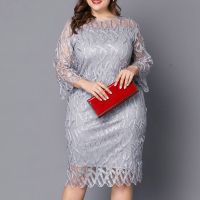 【YF】 Womens Plus Size Dresses Lace 3/4 Sleeves Evening Gown Party Cocktail Dress Crewneck Hollow Out