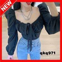 qkq971 เสื้อเชิ้ตแขนยาวคอวีผูกเชือกผูกหน้าอกทรงสลิมสั้นเซ็กซี่สำหรับผู้หญิง 2021 New 112010