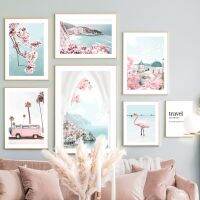 Nordic Pink Sakura Beach Santorini Coastal City Wall Art ภาพวาดผ้าใบสำหรับตกแต่งห้องนั่งเล่น