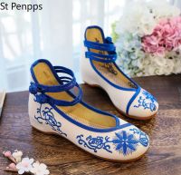 Handmade Spring Floral Embroidered Women Canvas Ballet Flats High Top Ankle Strap Vintage Ladies Cotton Casual Shoes