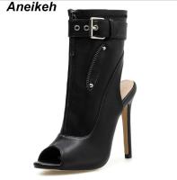 Aneikeh 2021 PU Summer Ankle Boots High Heels Women Shoes Peep Toe Sexy Lady Chelsea Boots Party Thin Heeled Shoes Size 35-40