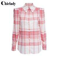 CHICLADY เสื้อเบลาส์คนดังสีแดงลายสก็อตสไตล์นักออกแบบรันเวย์สำหรับผู้หญิงเสื้อสำนักงานผู้หญิงเสื้อฤดูร้อนใหม่ฤดูใบไม้ผลิ