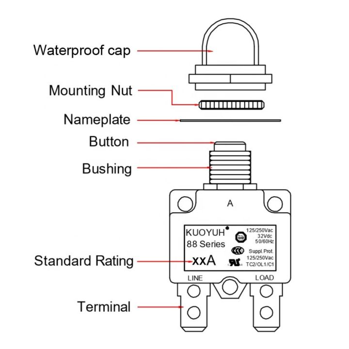 new-chukche-trading-shop-kuoyuh-88ซีรีส์5a-สวิตช์อุปกรณ์ป้องกันความร้อนเกินพิกัดรีเซ็ตเบรกเกอร์ขนาดเล็กแบบตรงน็อตโลหะ