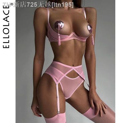 【CW】❉❧♠  Ellolace Erotic Push Up 3-Piece Hollow Crotchless Panties Garter Intimate