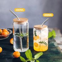 Transparent Can shape Glass Cups with Bamboo lid and straw Ice Coffee cup Glass tumblers High boron Beer Can glass Drinkware