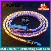 VAORLO 6A USB ดั้งเดิม120W สายชาร์จเร็ว RGB ซิมโฟนี180 ° เหล็กหมุนสายการถ่ายโอนข้อมูล Micro/Type/Lightning สำหรับชาร์จสมาร์ทโฟนสามารถใส่ได้กับ iPhone แบบมีสาย