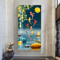 Luyameishop Nordic โปสเตอร์ Koi Fish Wall Art สำหรับห้องนั่งเล่นภาพสัตว์ผ้าใบพิมพ์-Light Luxury Home Decor โมเดิร์น Entrance ภาพวาด