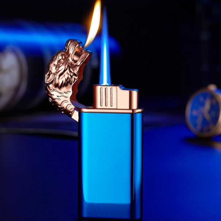 zzooi-tiger-head-embossed-double-fire-inflatable-lighter-personality-windproof-electronic-ignition-mens-metal-lighter