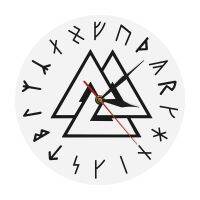 (นาฬิกาแขวน) Valknut Odin สัญลักษณ์ไวกิ้งอักษรรูนนาฬิกาติดผนังแบบทันสมัยไวกิ้งนอร์สเข็มทิศไวกิ้งนอร์สนาฬิกาติดผนังแบบเรียบการตกแต่งบ้าน