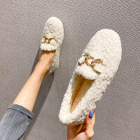 Chain lambswool flats moccasins femme slip on plush winter ladies shoes curly furry loafers women creepers zapatos plus size 43