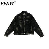 PFNW Mens Autumn New Punk High Street Style Destroyed Mud Dyed Hand Cut Damaged Graffiti Denim Jacket Trendy Tide Coats 12Z4362