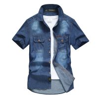 Men Multi pockets Denim Shirts Tooling Shirts Blue Jeans Shirts High Quality Men Cotton Casual Shirts New Summer Short Sleeve