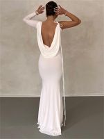 WJFZQM Lace Up One Shoulder Long Sleeve V-Neck Bodycon Maxi Dress For Women Birthday Party Evening Prom Autumn Sexy Y2K Clothes