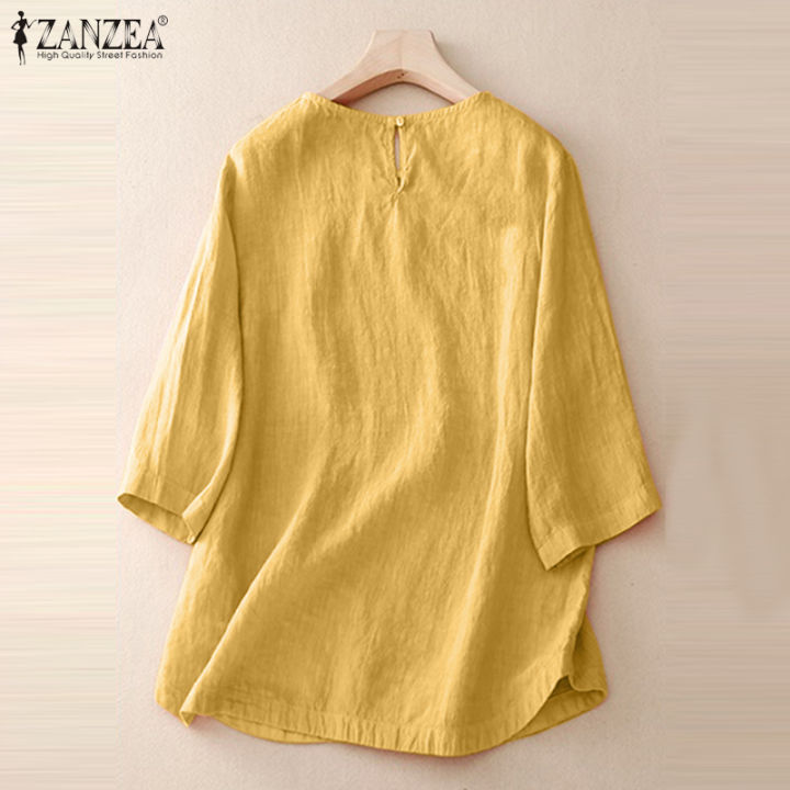 สินค้ามาใหม่-จัดส่งฟรี-fancystyle-zanzea-เสื้อสตรีผ้าฝ้ายแขนสั้นเสื้อคอวีวินเทจสีทึบโค้ง-2