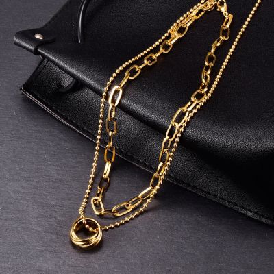 Amaiyllis 18k Gold Double Layer Clavicle Chain Necklace Pendants Gold Beads Chain Pendant Neklace For Women Jewelry