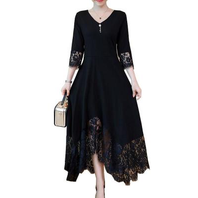 L-5xl Black Fall Women Elegant Plus Size Lace Stitching Half Sleeve Back Party Long Cocktail Dresses Vestidos Longo 950