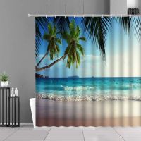 Palm Trees Shower Curtain Set Ocean Beach Waves Tropical Exotic Seascape Blue Fabric Bath Curtains Bathroom Polyester with Hooks