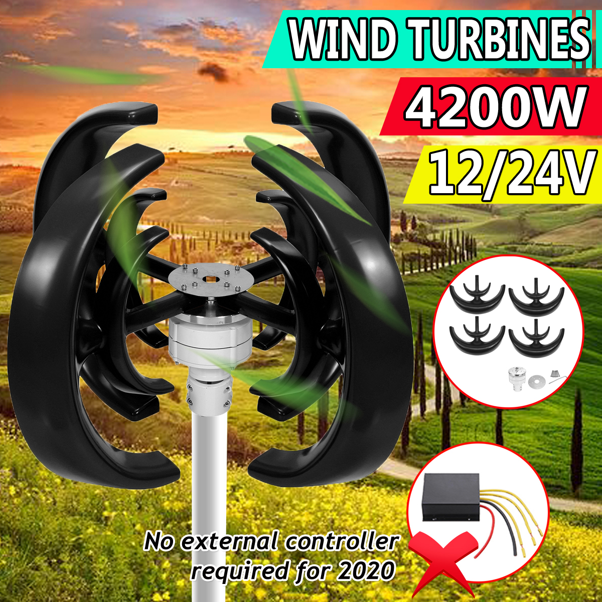 4200W 12/24V 4 Blade Lantern Wind Turbines Generator Unit Vertical Axis Windmill 