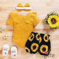 COD DSFERTEREERRE GETA-Baby Girl’s Clothes Fresh Yellow Short Sleeve Pullover Jumpsuit Floral Shorts Pants with Headband